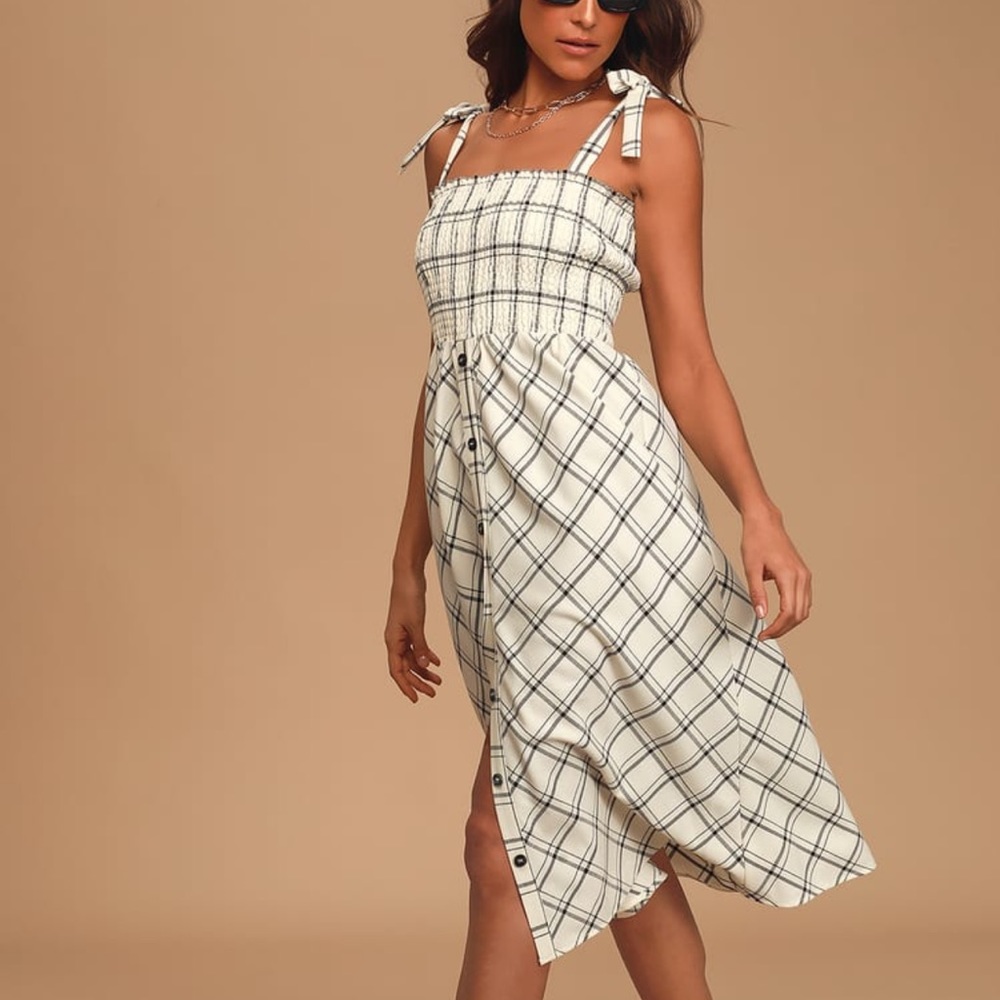 Smocked Plaid MIDI button up Dress